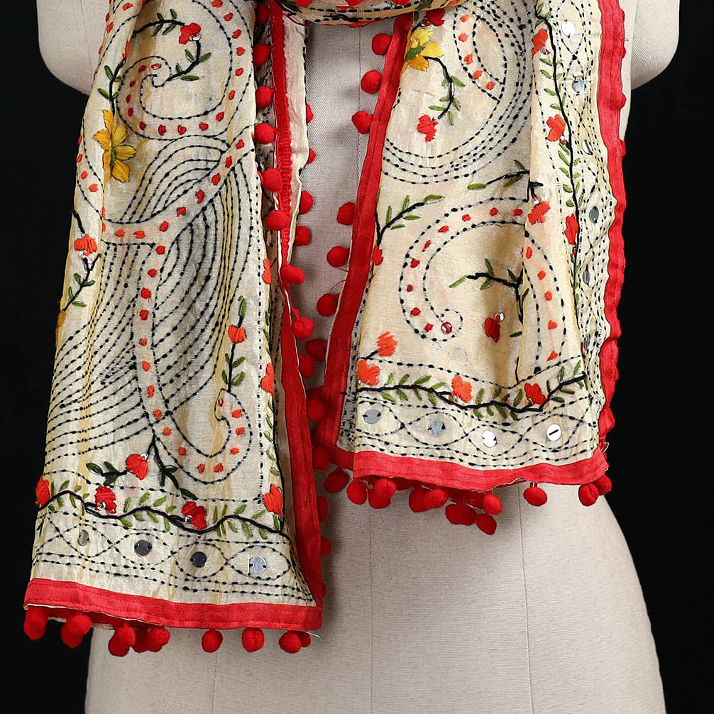 Ranihati Chanderi Silk Hand Embroidered Stole with Pom Pom 149