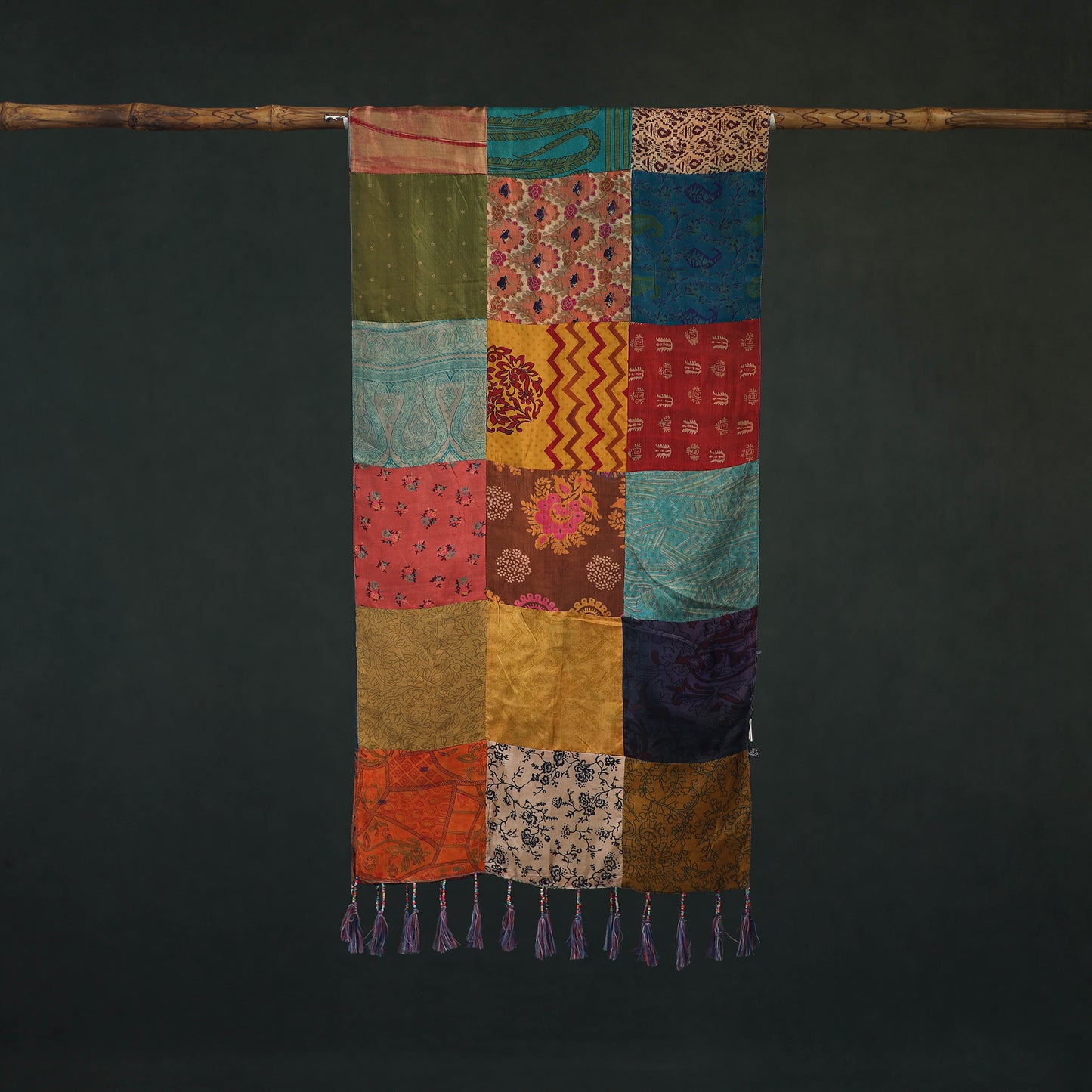 Pure Silk Reversible Patchwork Stole with Tassels 16