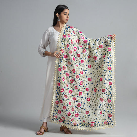Beige - Ranihati Chanderi Silk Chapa Work Phulkari Embroidered Dupatta with Pom Pom 70