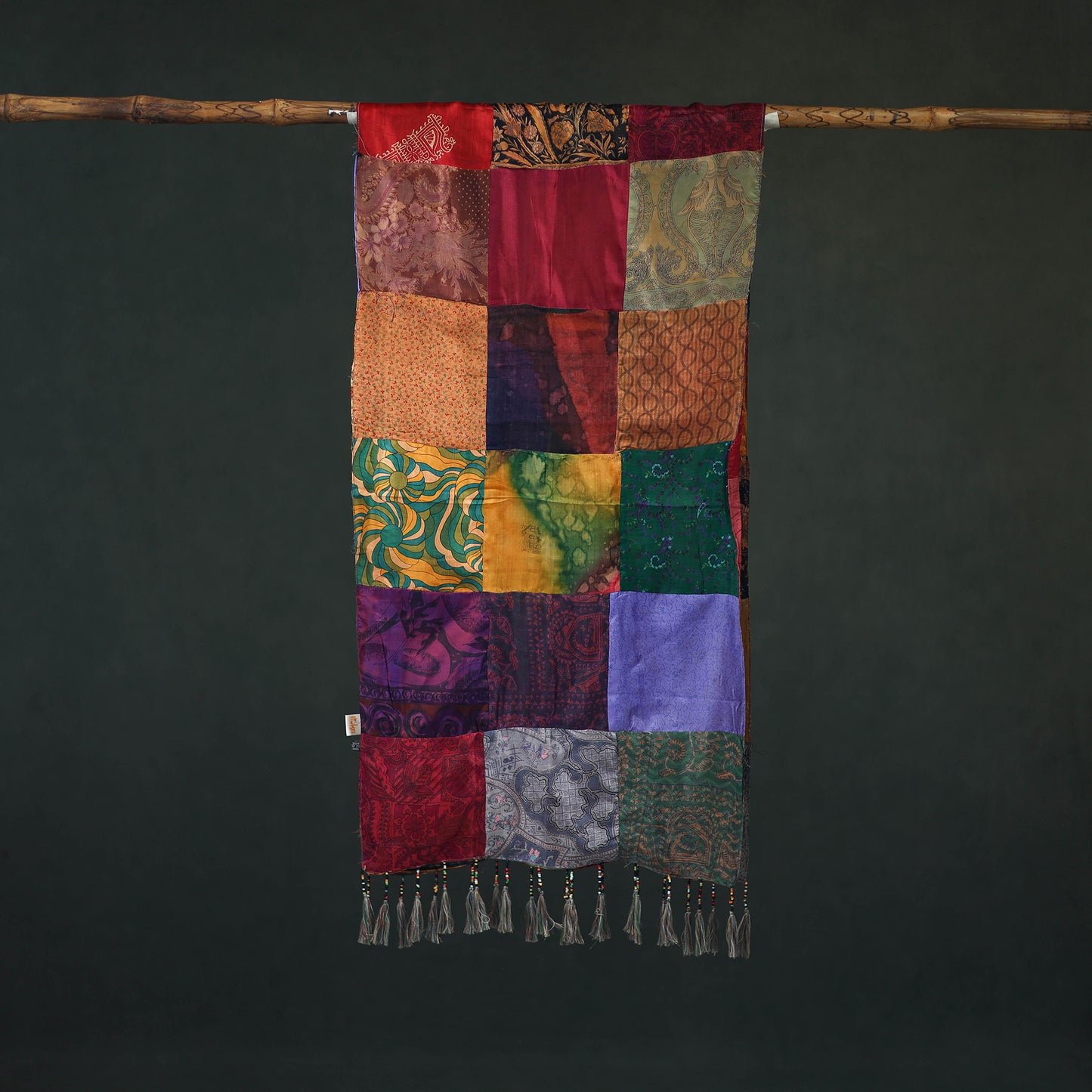 Pure Silk Reversible Patchwork Stole with Tassels 15
