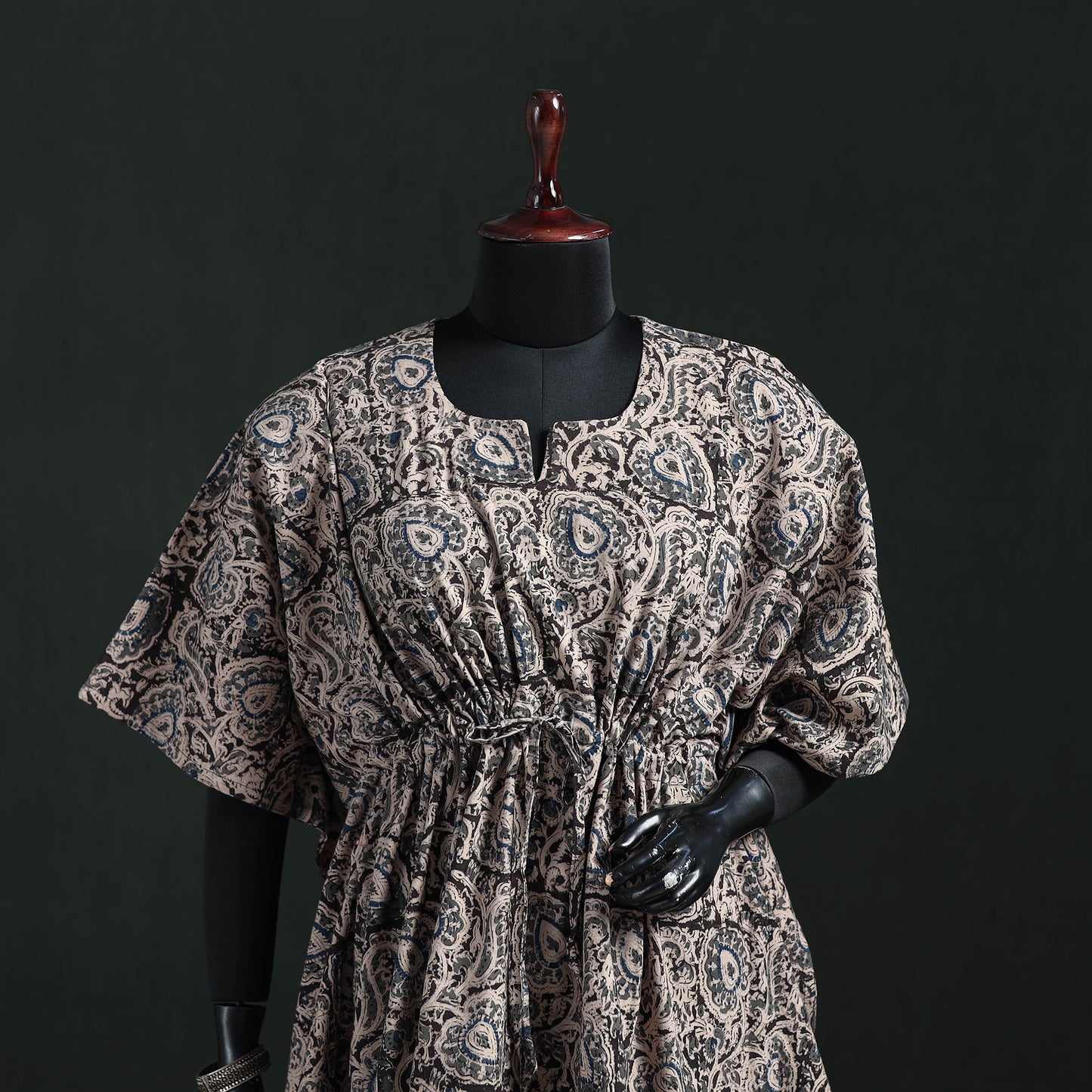 Black - Kalamkari Hand Block Print Natural Dyed Cotton Kaftan (Short) 15