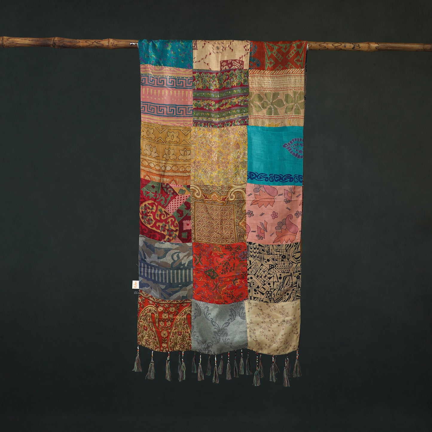 Pure Silk Reversible Patchwork Stole with Tassels 13