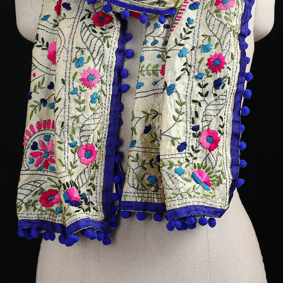 Ranihati Chanderi Silk Hand Embroidered Stole with Pom Pom 152