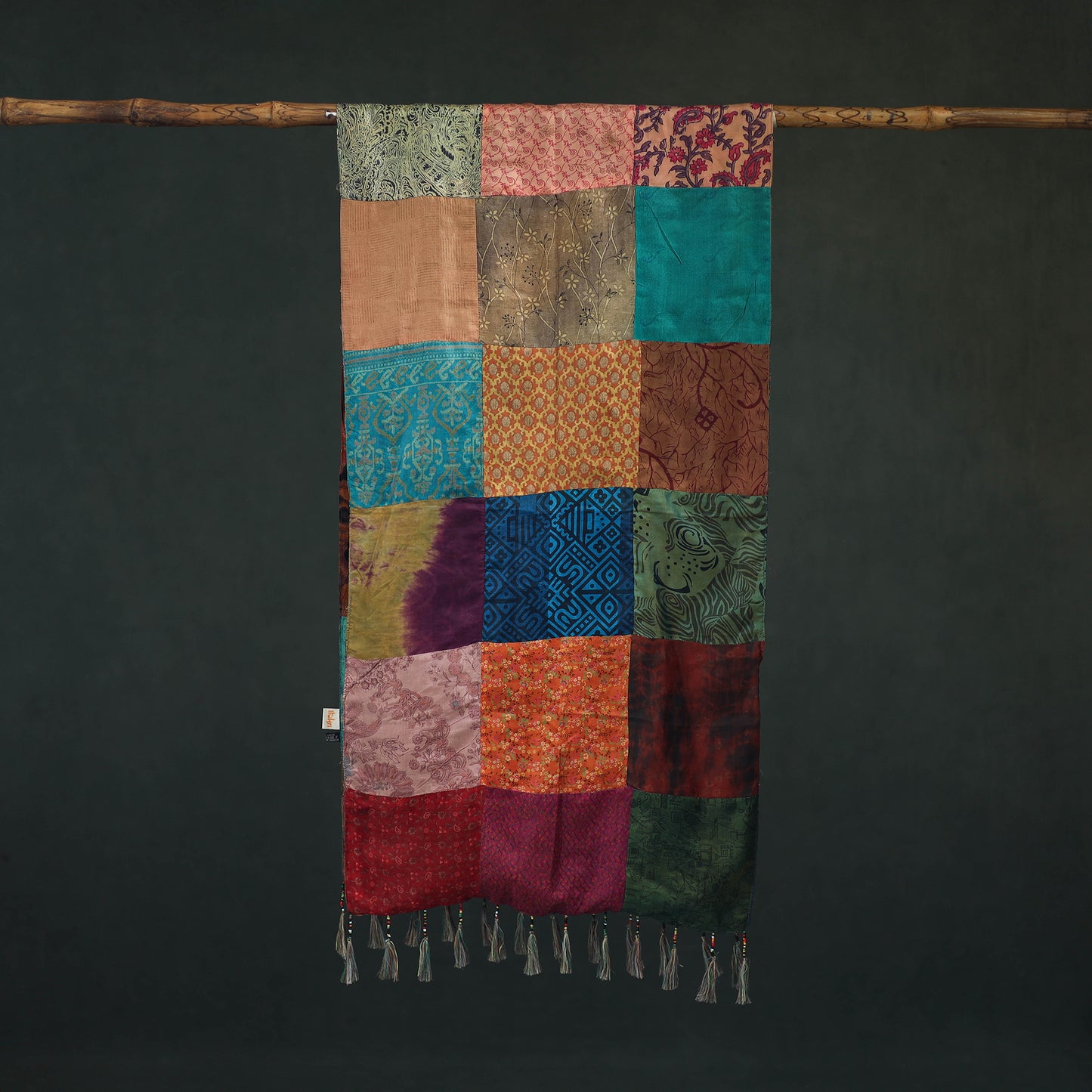 Pure Silk Reversible Patchwork Stole with Tassels 12