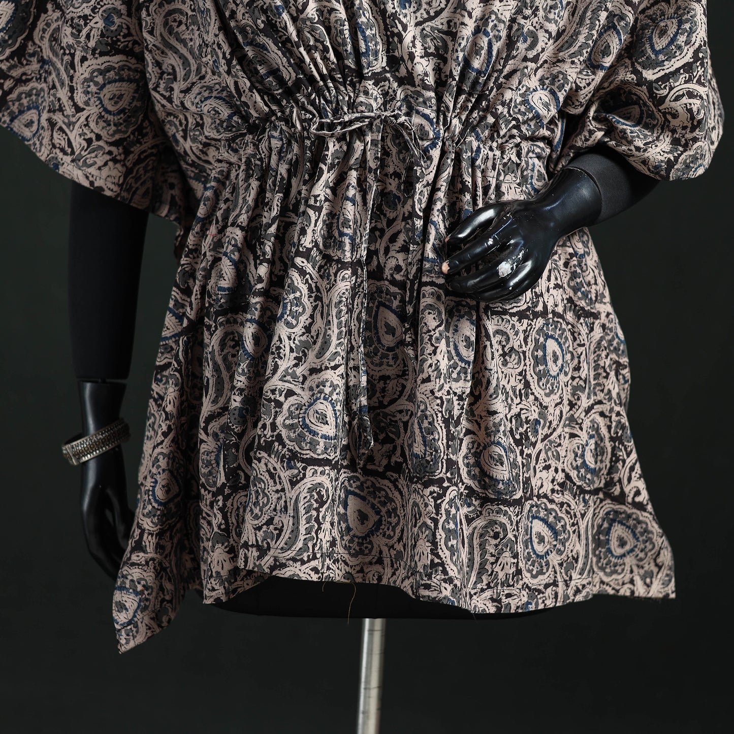 Black - Kalamkari Hand Block Print Natural Dyed Cotton Kaftan (Short) 15