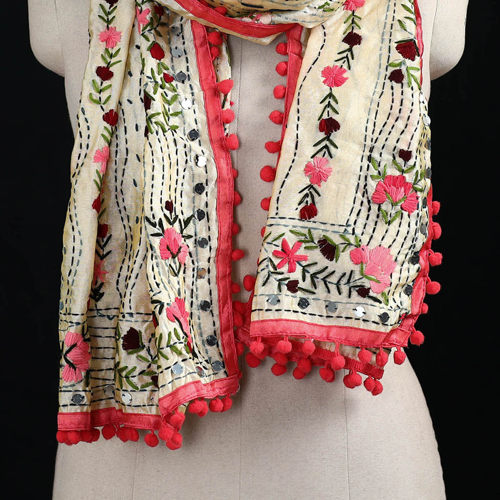 Ranihati Chanderi Silk Hand Embroidered Stole with Pom Pom 154