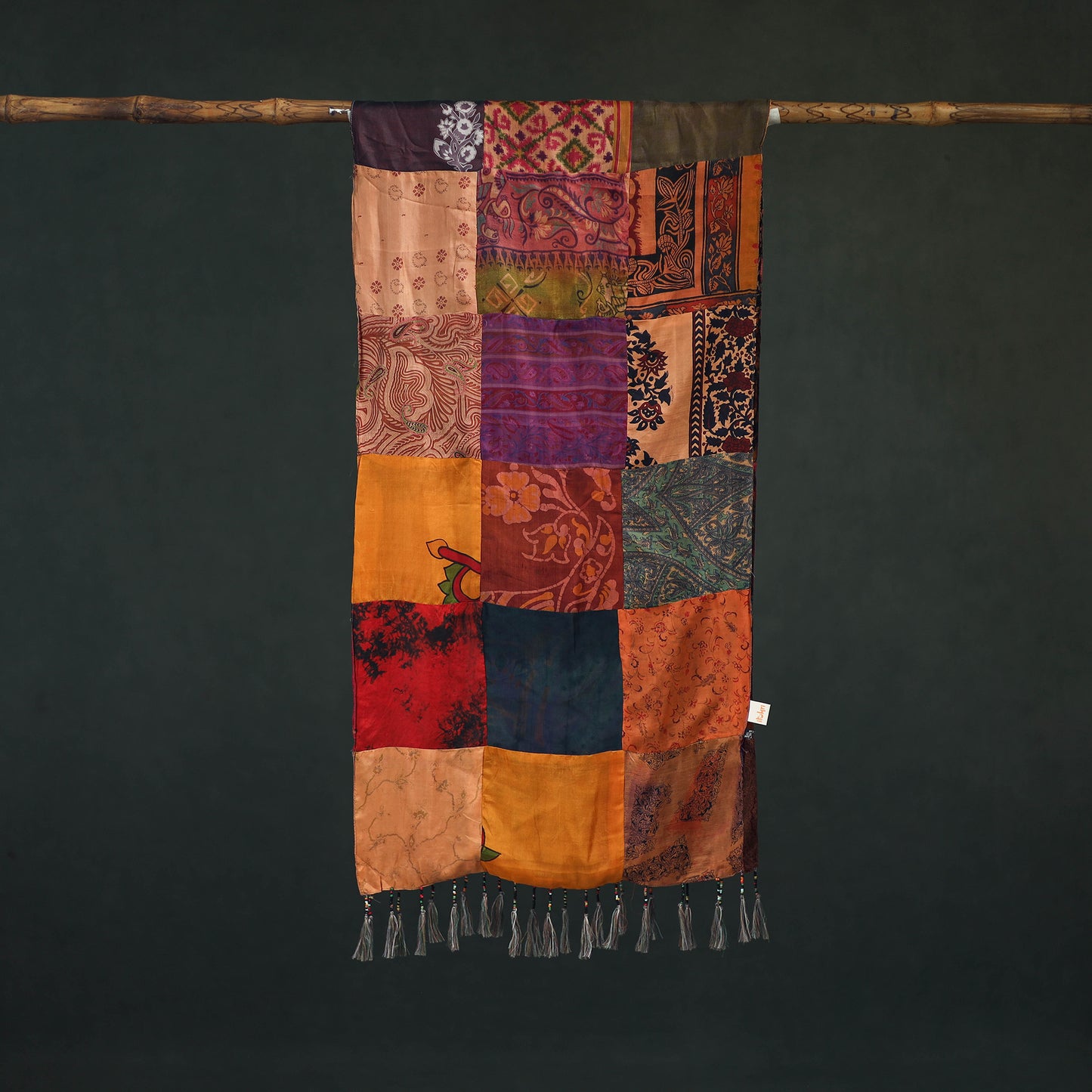 Pure Silk Reversible Patchwork Stole with Tassels 10
