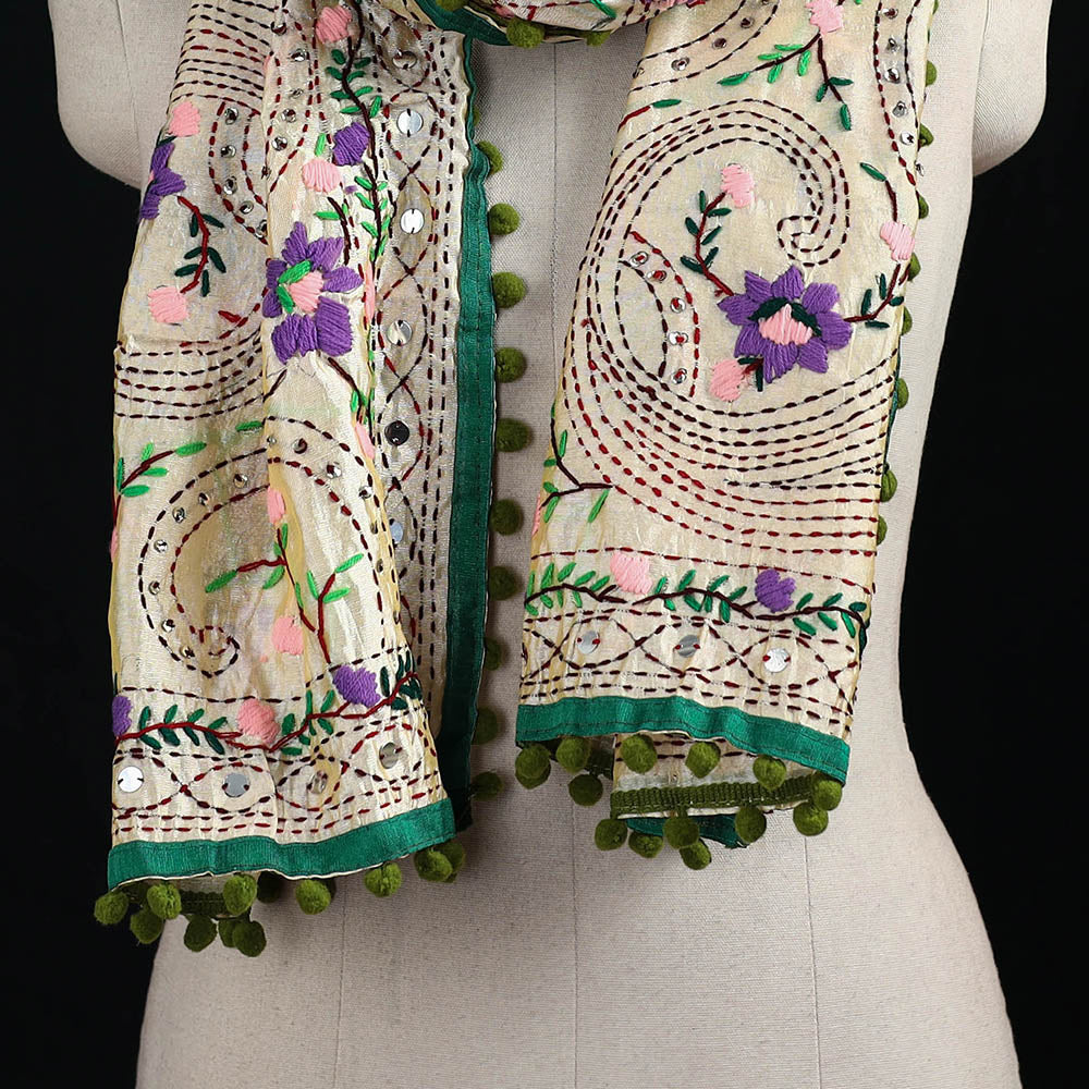 Ranihati Chanderi Silk Hand Embroidered Stole with Pom Pom 155