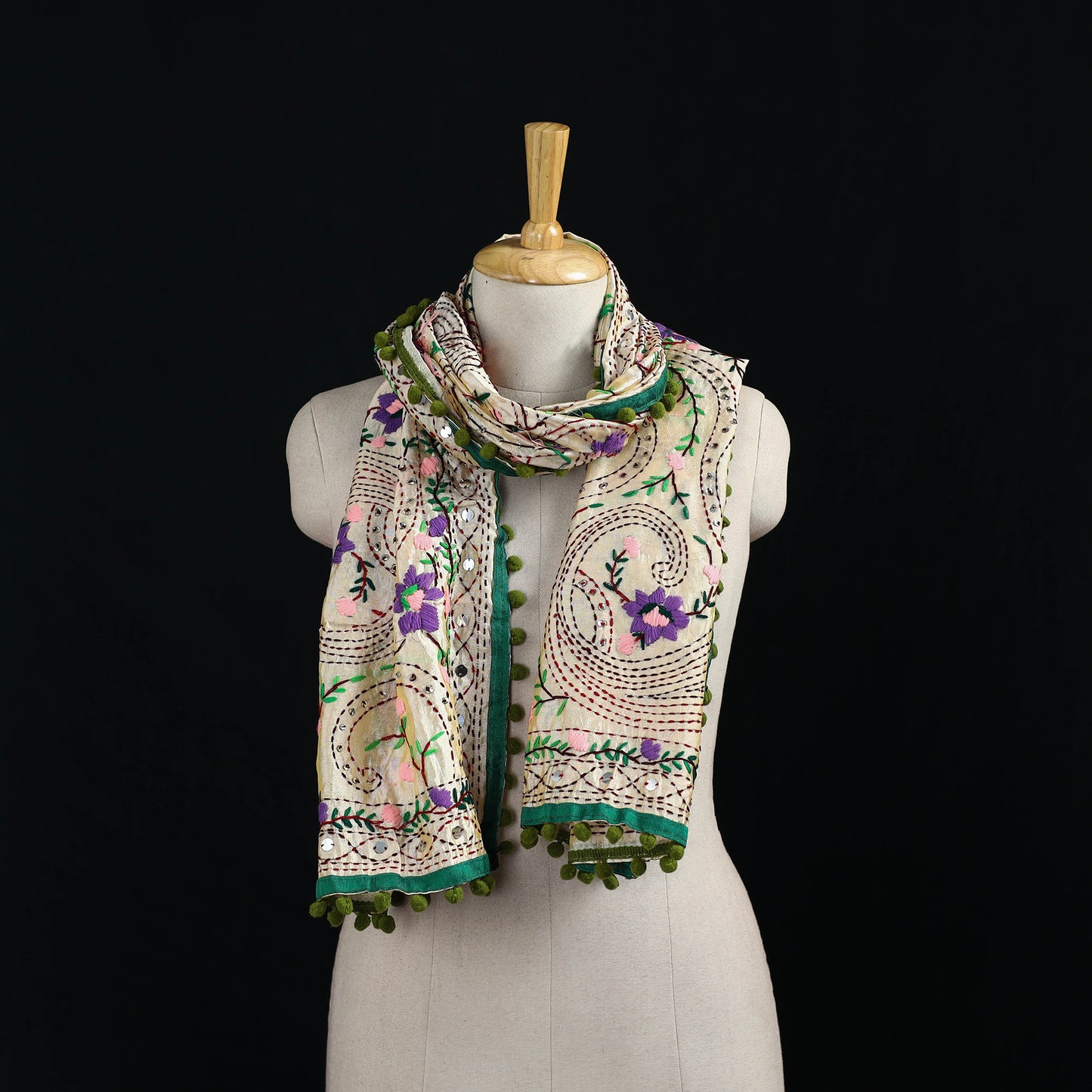 Ranihati Chanderi Silk Hand Embroidered Stole with Pom Pom 155