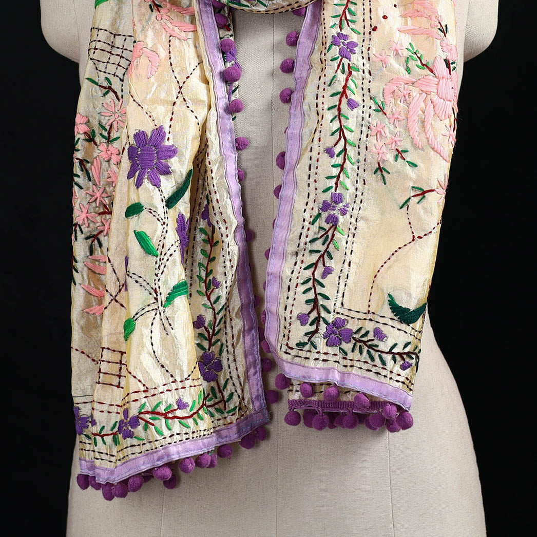 Ranihati Chanderi Silk Hand Embroidered Stole with Pom Pom 156