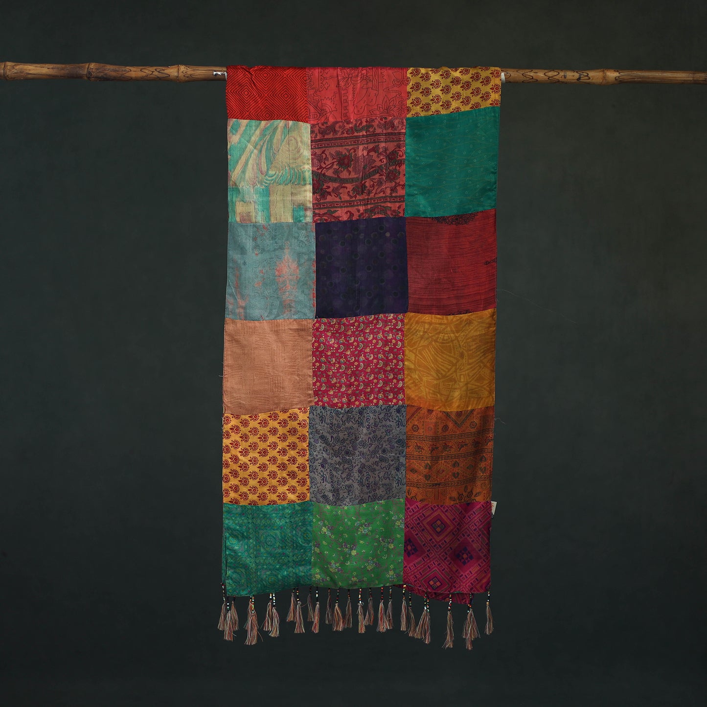 Pure Silk Reversible Patchwork Stole with Tassels 07