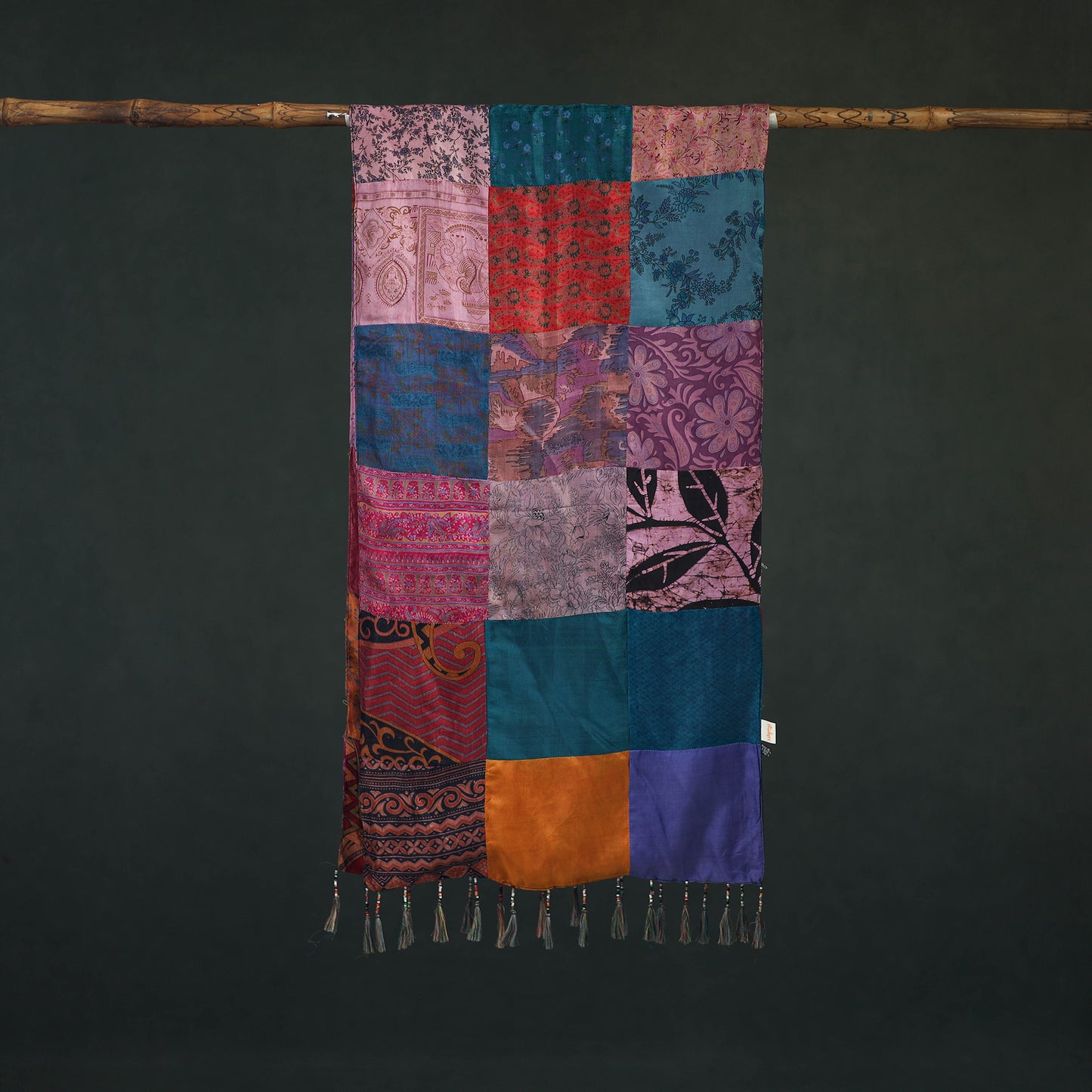 Pure Silk Reversible Patchwork Stole with Tassels 06