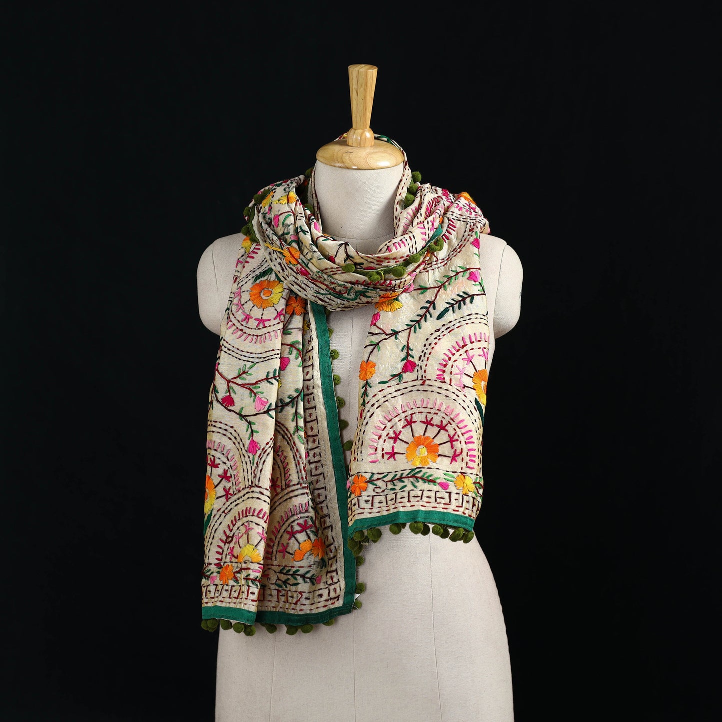 Ranihati Chanderi Silk Hand Embroidered Stole with Pom Pom 159