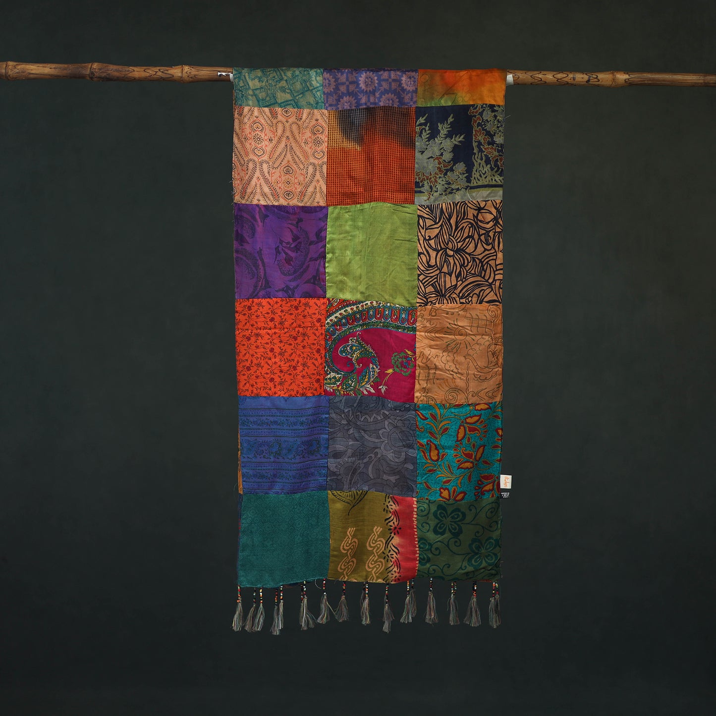 Pure Silk Reversible Patchwork Stole with Tassels 04
