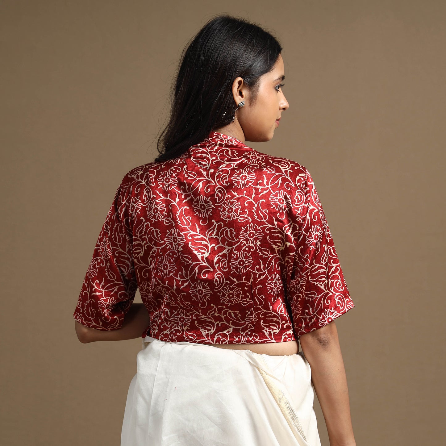 Red - Maroon - Hand Block Printed Mashru Silk Stitched Blouse