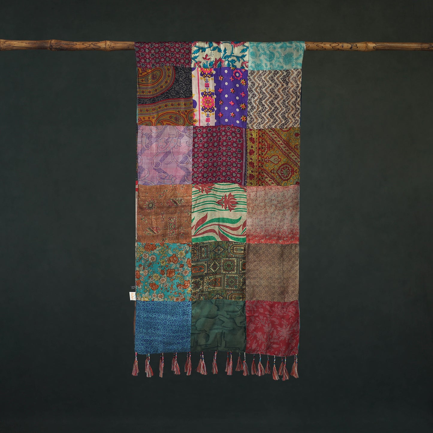 Pure Silk Reversible Patchwork Stole with Tassels 02