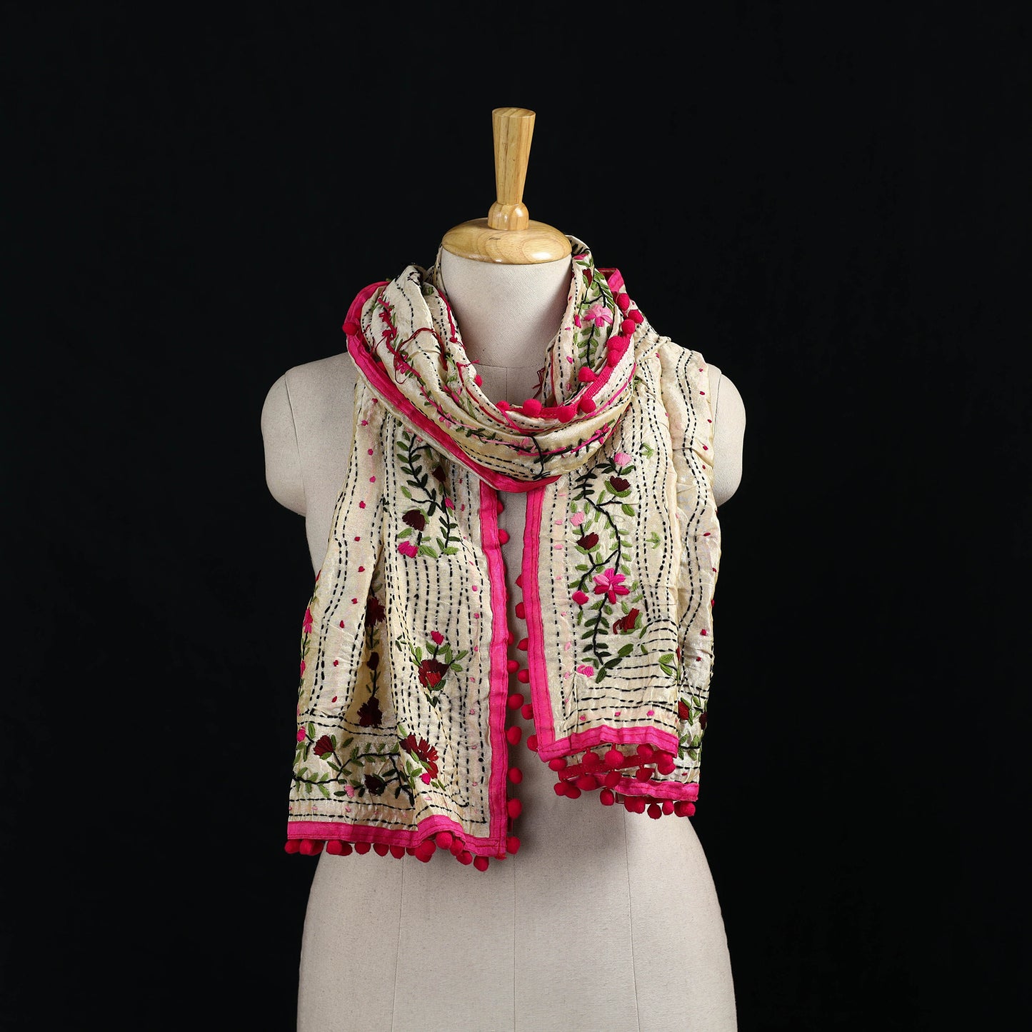 Ranihati Chanderi Silk Hand Embroidered Stole with Pom Pom 162