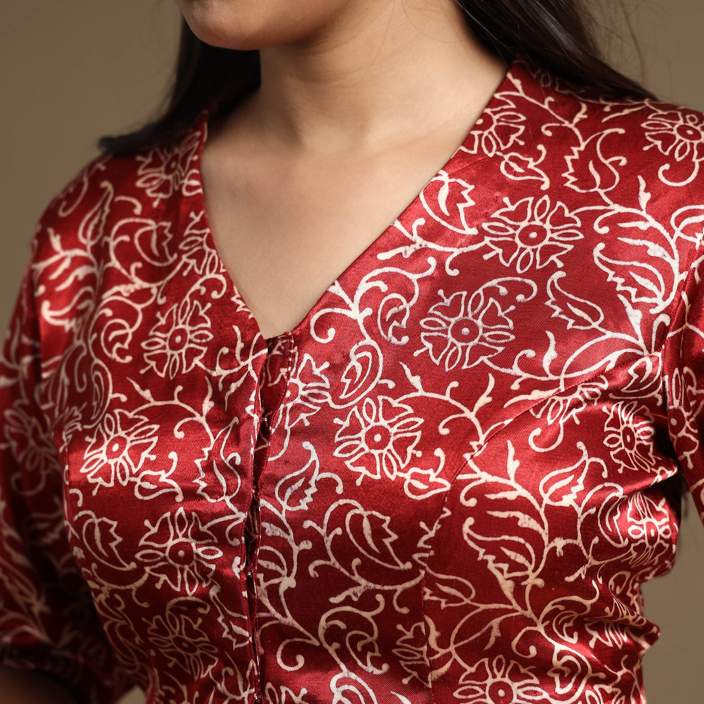 Red - Maroon - Hand Block Printed Mashru Silk Stitched Blouse
