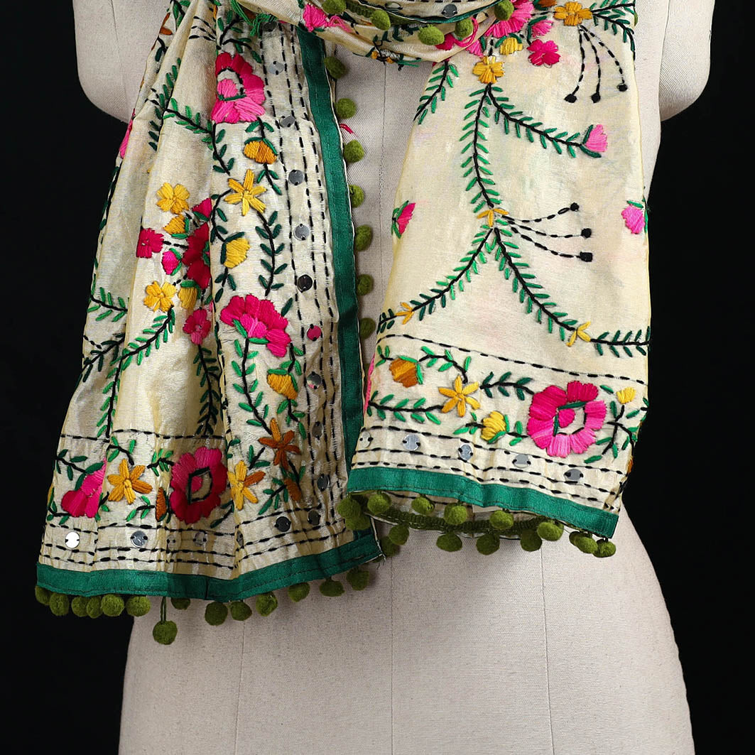 Ranihati Chanderi Silk Hand Embroidered Stole with Pom Pom 165