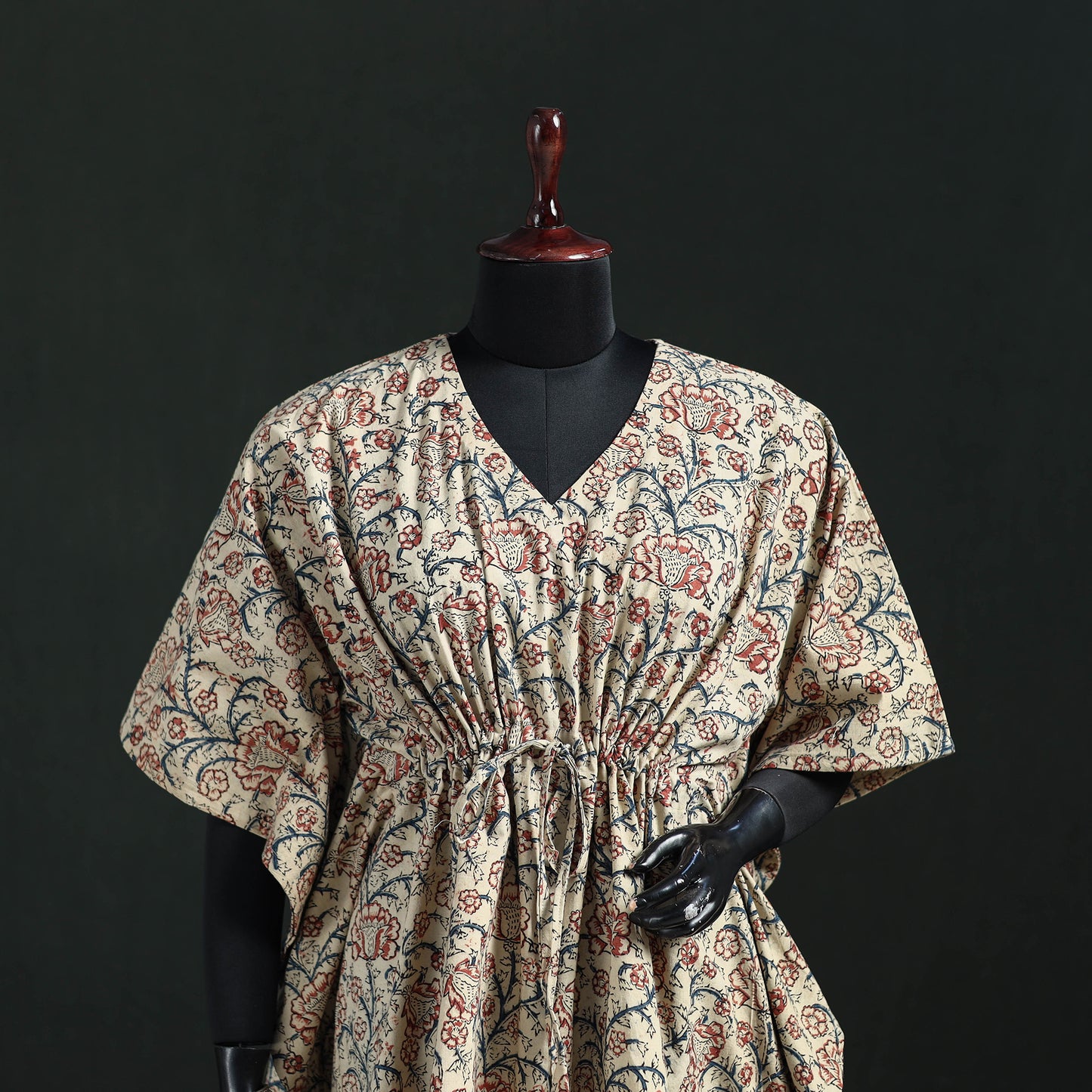 Beige - Kalamkari Hand Block Print Natural Dyed Cotton Kaftan (Short) 18