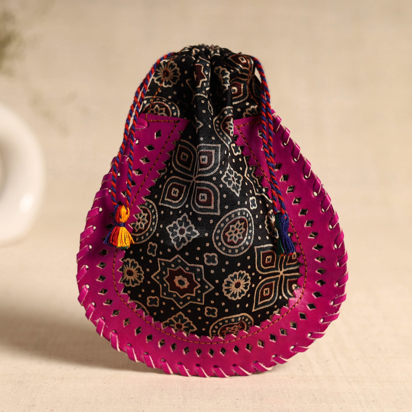 Traditional Kutch Mashru Silk Leather Drawstring Coin Potli 01
