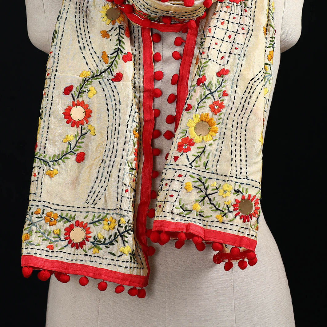 Ranihati Chanderi Silk Hand Embroidered Stole with Pom Pom 172
