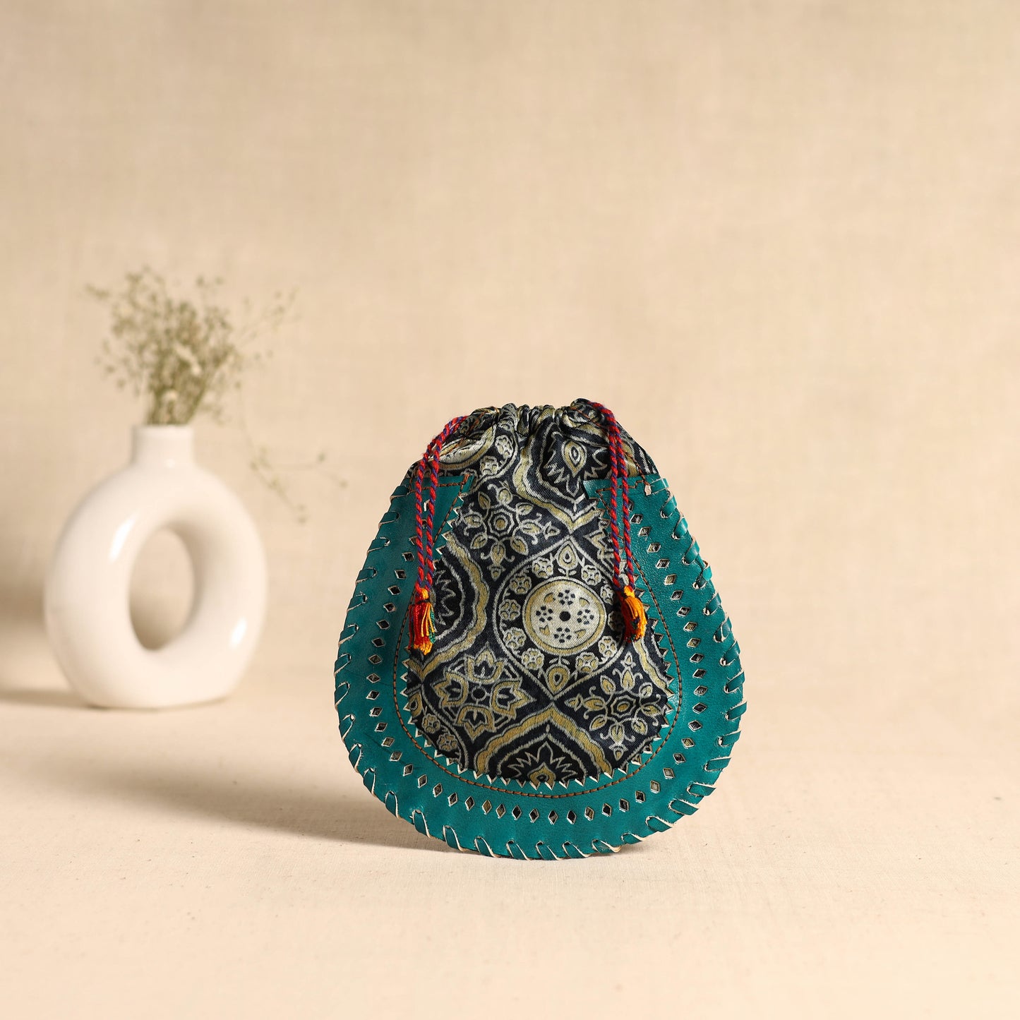 Traditional Kutch Mashru Silk Leather Drawstring Coin Potli 03