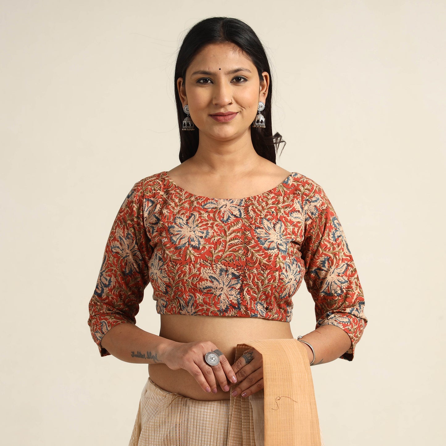 Orange - Pedana Kalamkari Block Printed Cotton Stitched Blouse 20