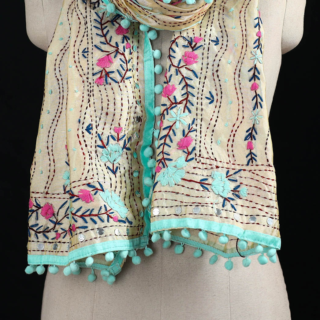 Ranihati Chanderi Silk Hand Embroidered Stole with Pom Pom 174