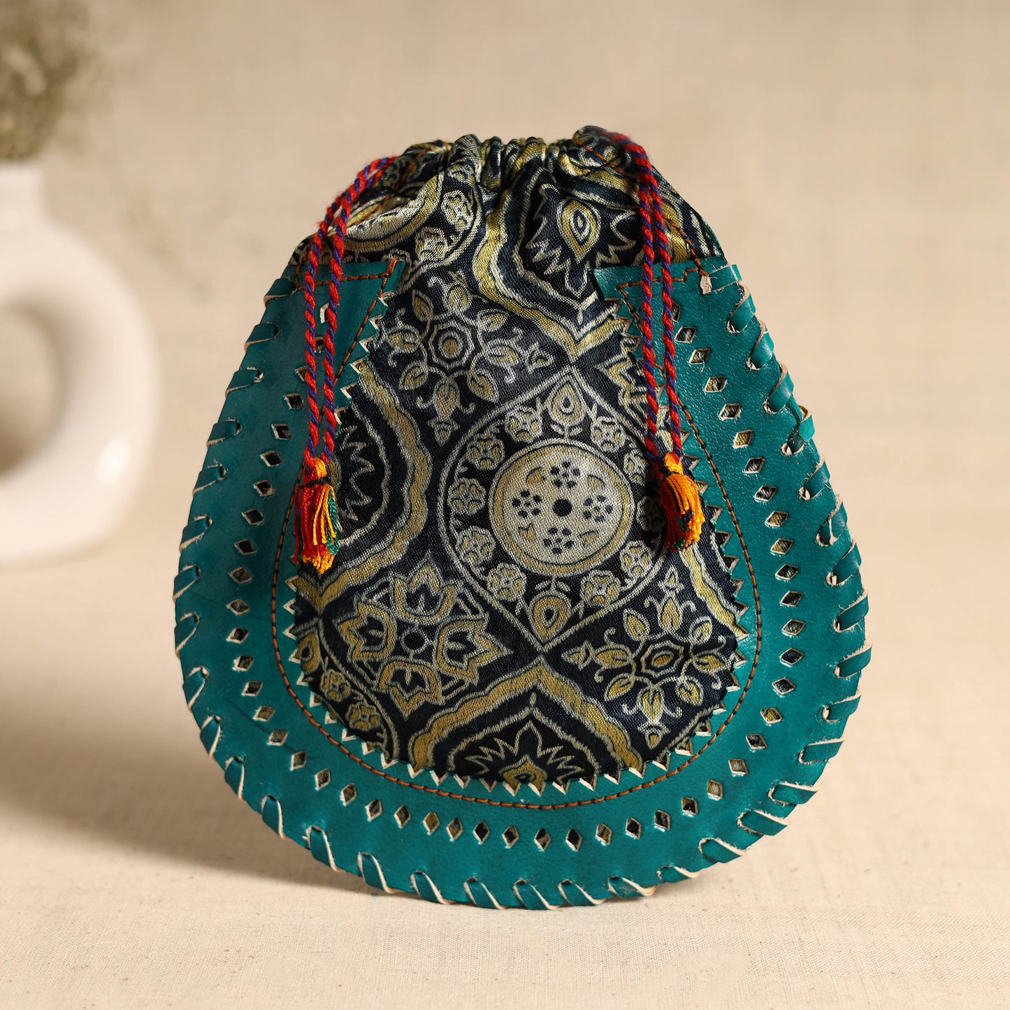 Traditional Kutch Mashru Silk Leather Drawstring Coin Potli 03