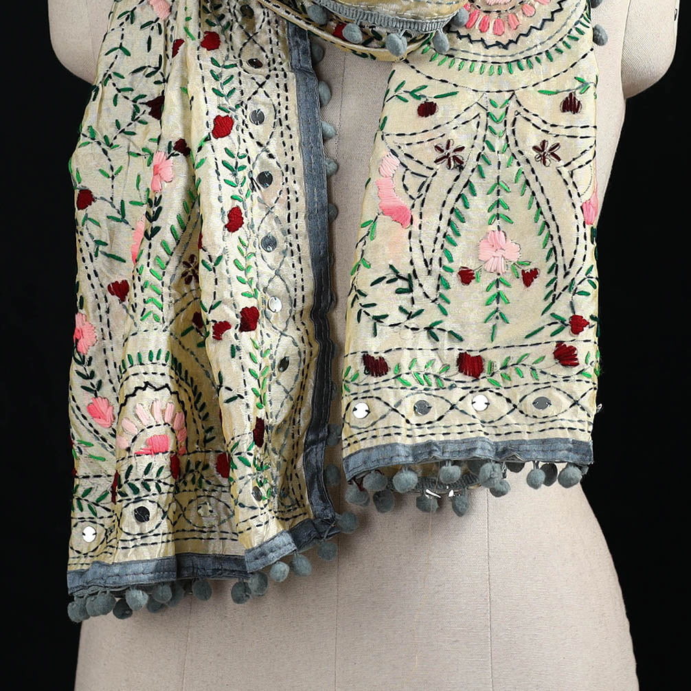 Ranihati Chanderi Silk Hand Embroidered Stole with Pom Pom 176