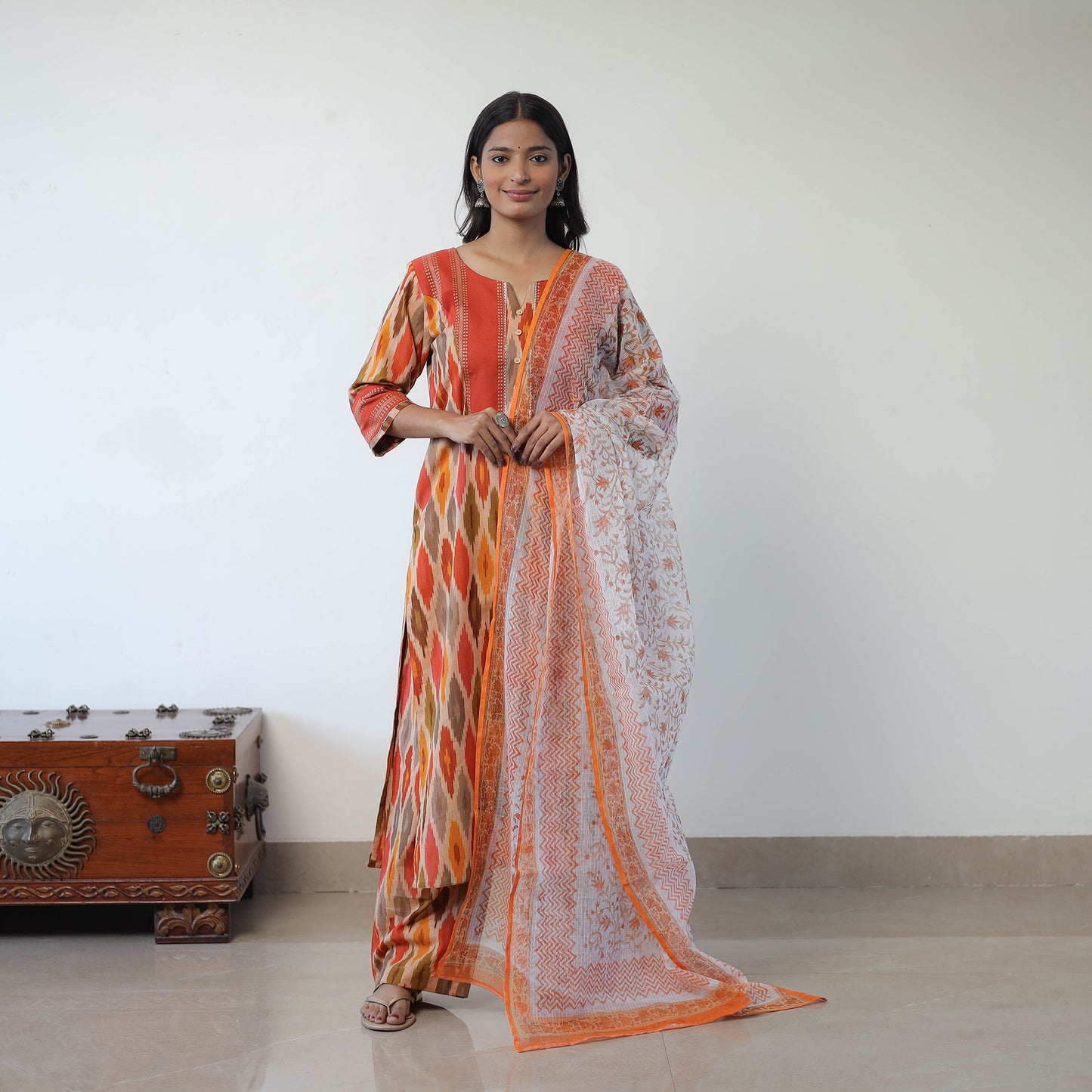 Multicolor Handloom Cotton Pochampally Ikat Kurta Set with Dupatta