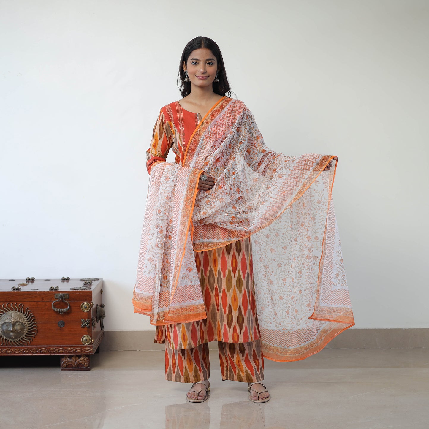 Multicolor Handloom Cotton Pochampally Ikat Kurta Set with Dupatta