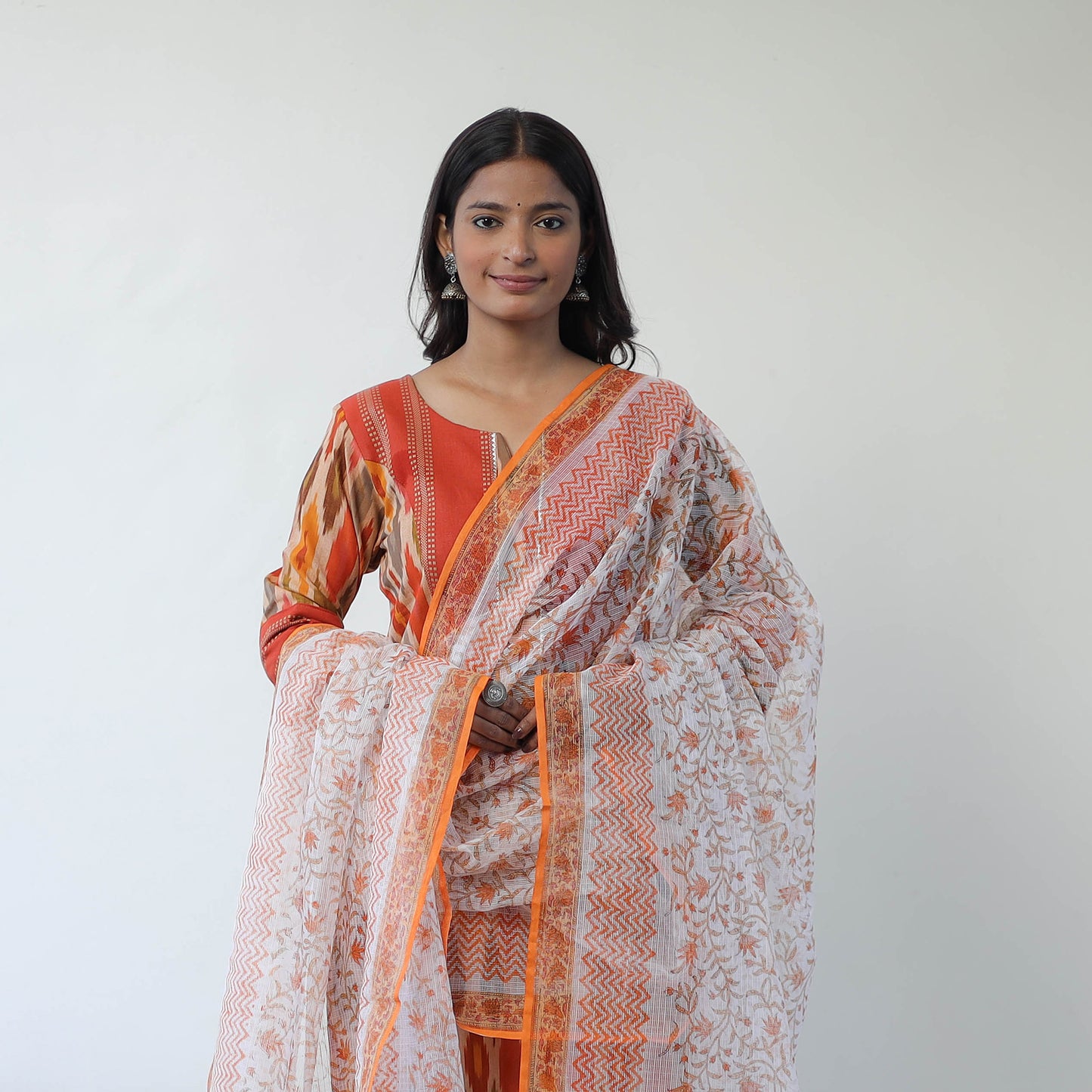 Multicolor Handloom Cotton Pochampally Ikat Kurta Set with Dupatta
