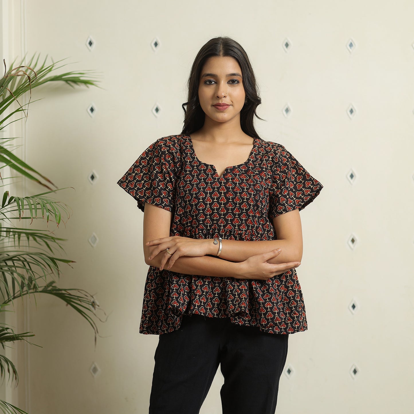 Black Ajrakh Block Printed Cotton Crop Top
