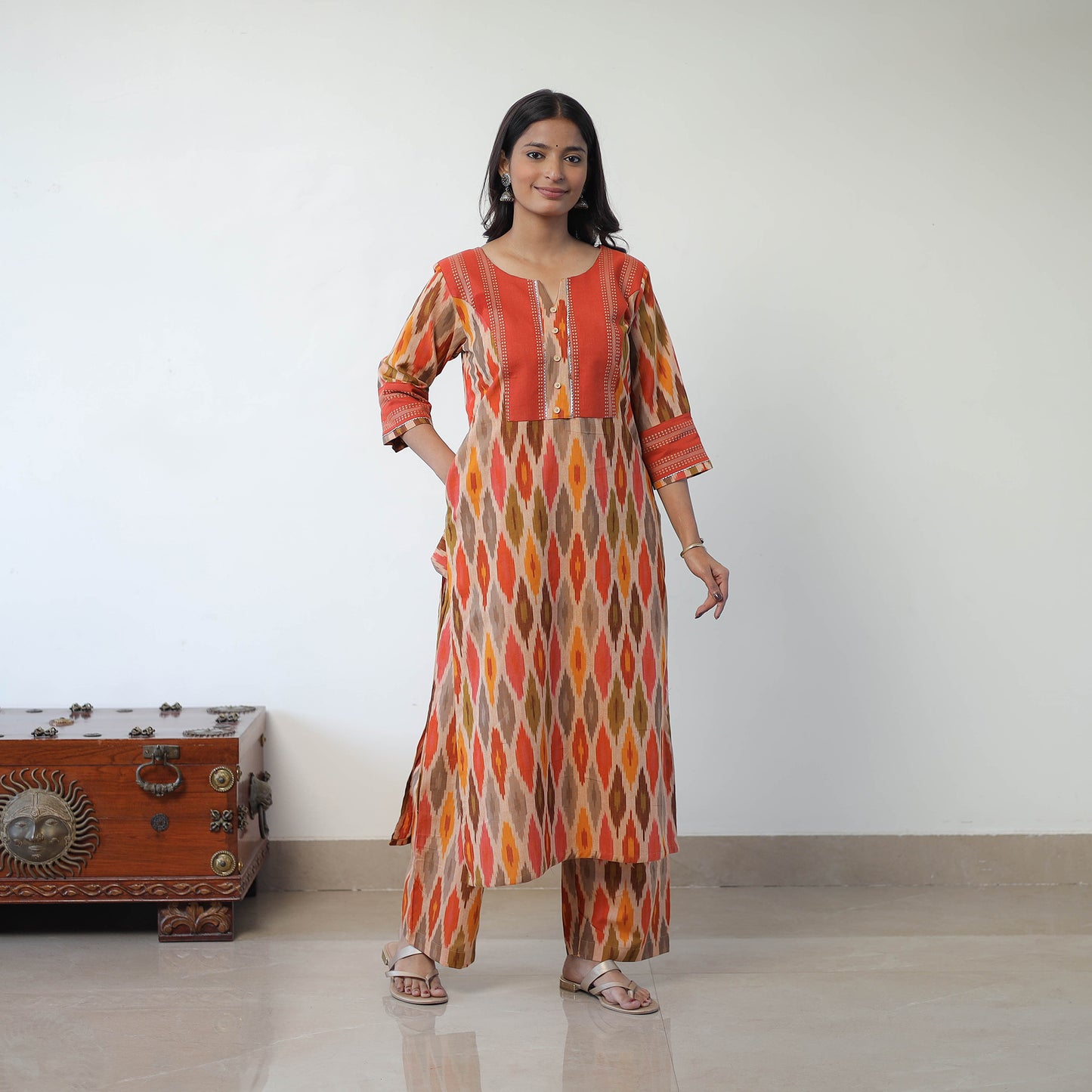 Multicolor Handloom Cotton Pochampally Ikat Kurta Set with Dupatta