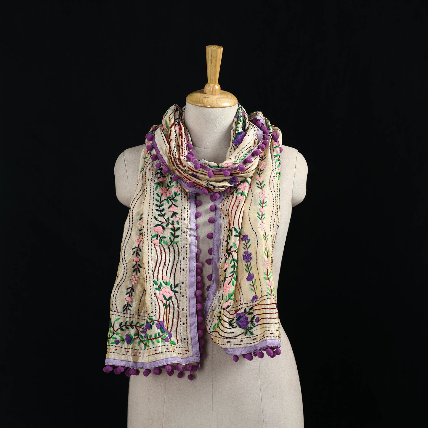 Ranihati Chanderi Silk Hand Embroidered Stole with Pom Pom 180