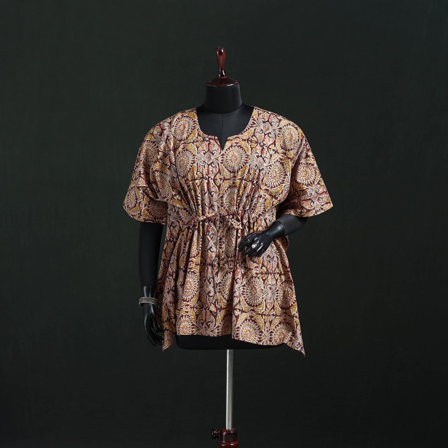 Brown - Kalamkari Hand Block Print Natural Dyed Cotton Kaftan (Short) 21