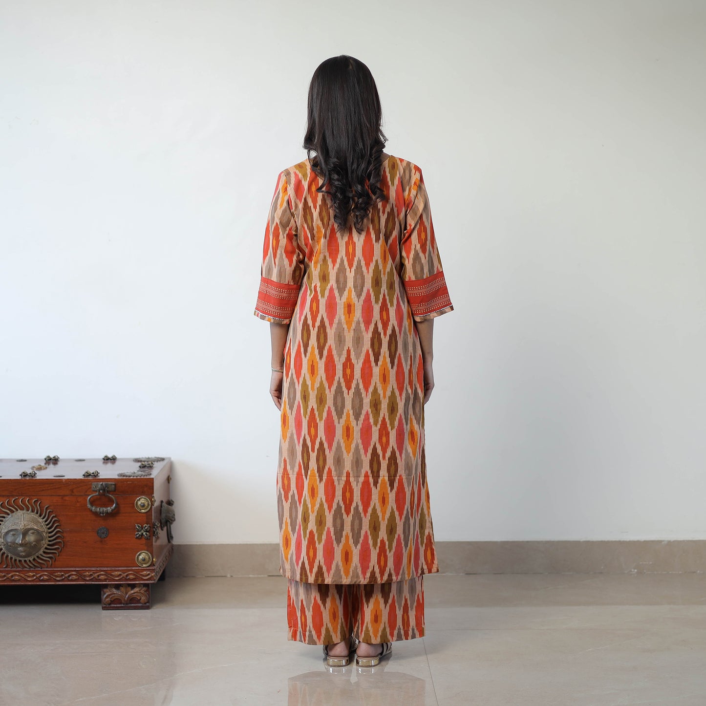 Multicolor Handloom Cotton Pochampally Ikat Kurta Set with Dupatta
