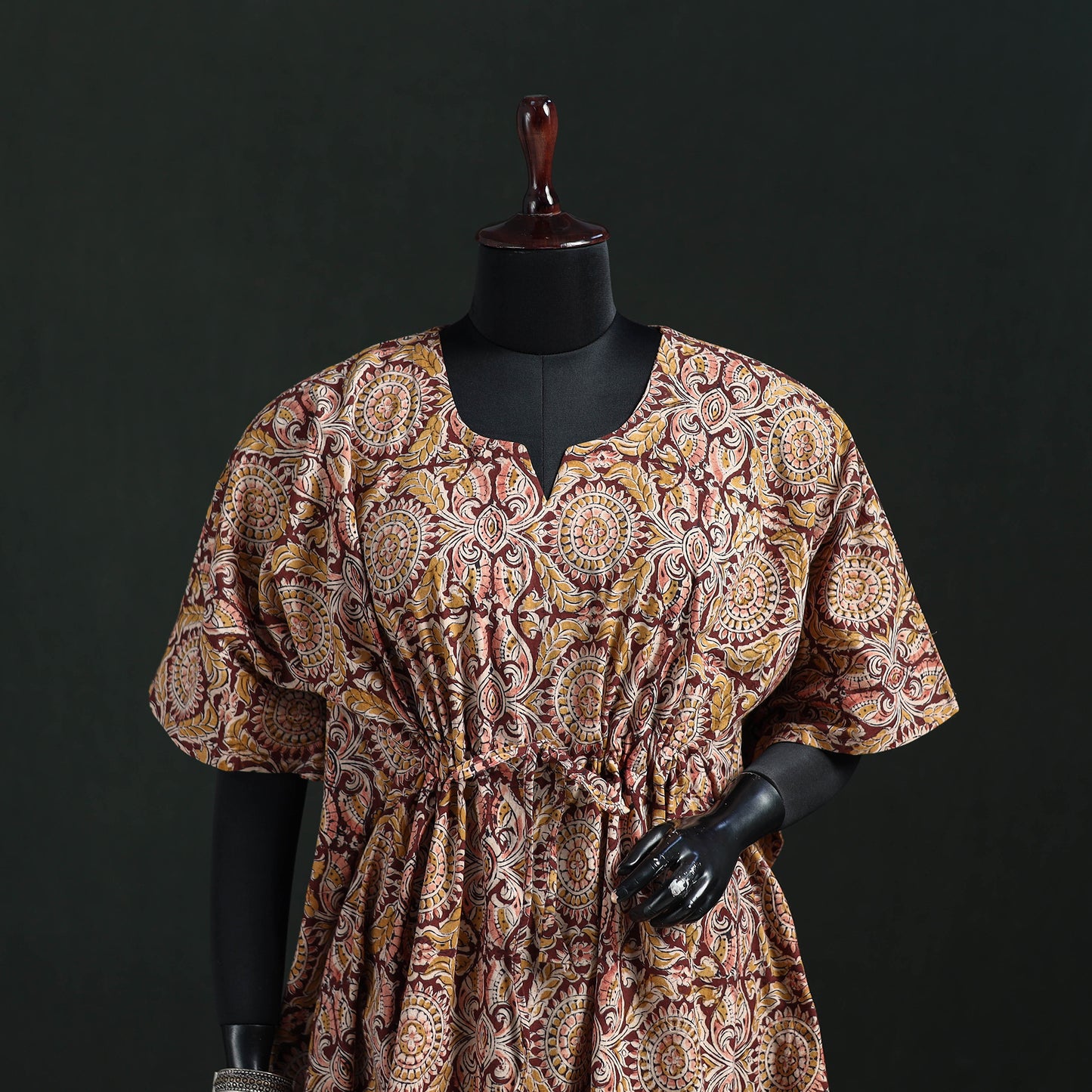 Brown - Kalamkari Hand Block Print Natural Dyed Cotton Kaftan (Short) 21