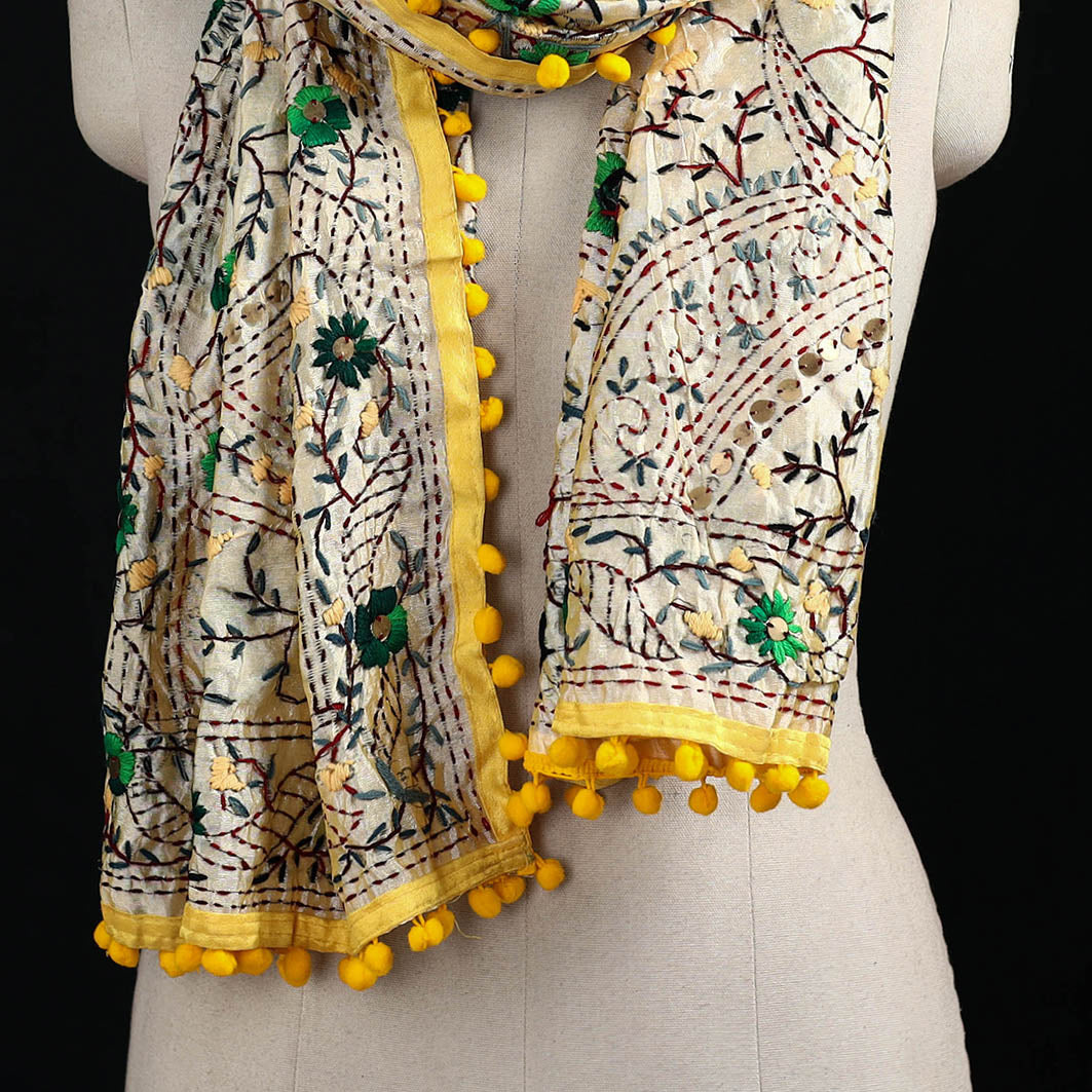 Ranihati Chanderi Silk Hand Embroidered Stole with Pom Pom 182