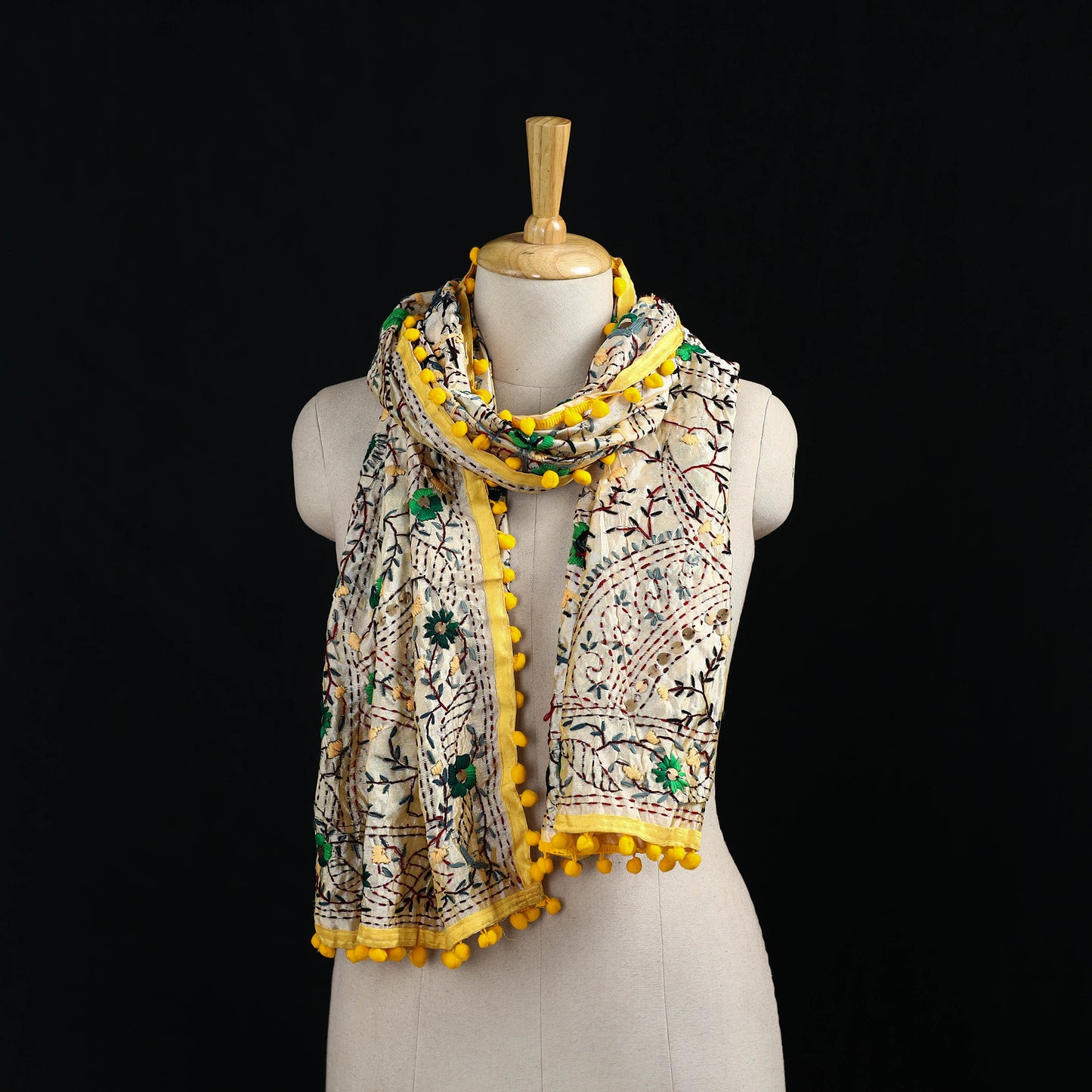 Ranihati Chanderi Silk Hand Embroidered Stole with Pom Pom 182