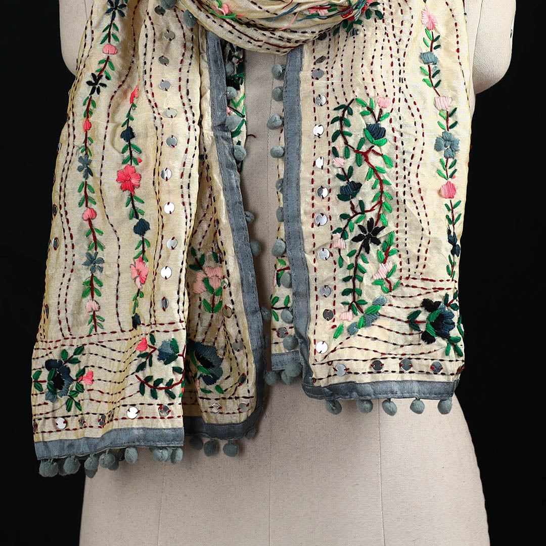 Ranihati Chanderi Silk Hand Embroidered Stole with Pom Pom 183