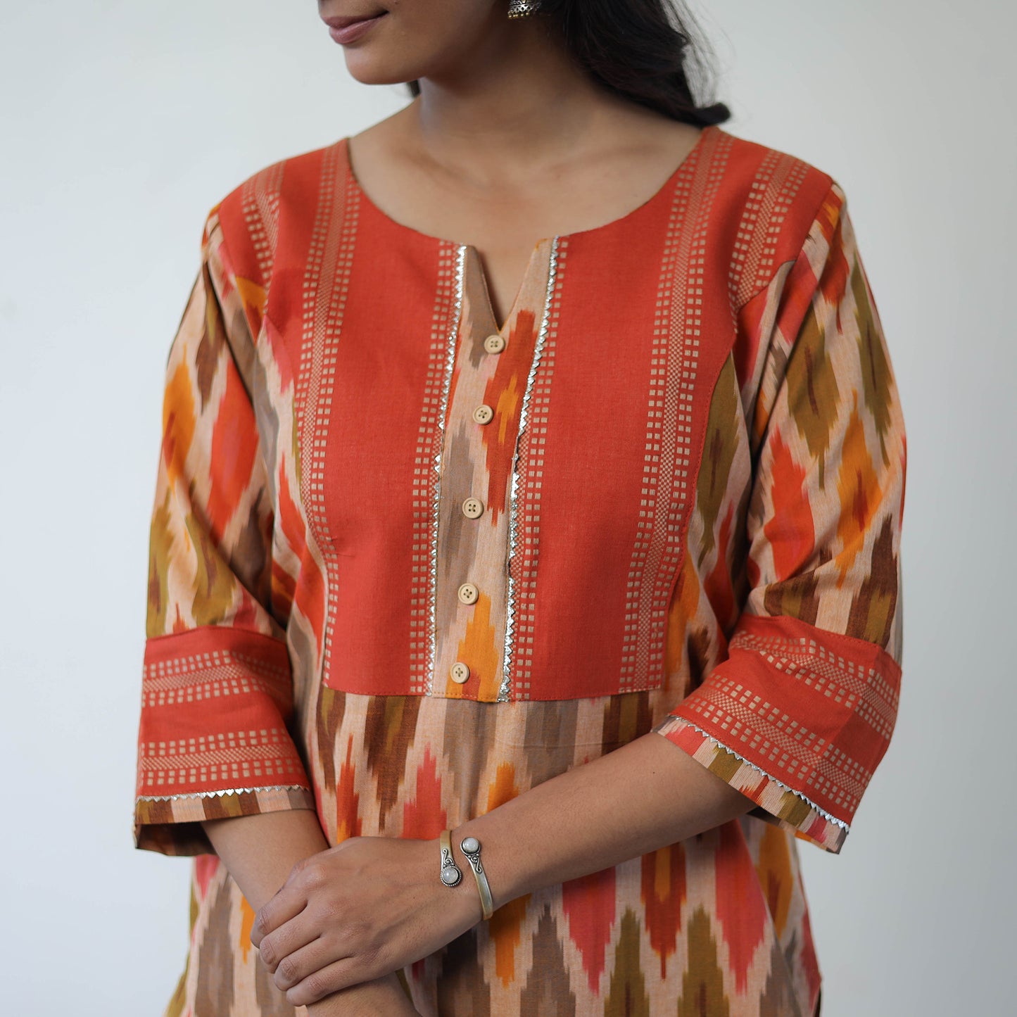 Multicolor Handloom Cotton Pochampally Ikat Kurta Set with Dupatta