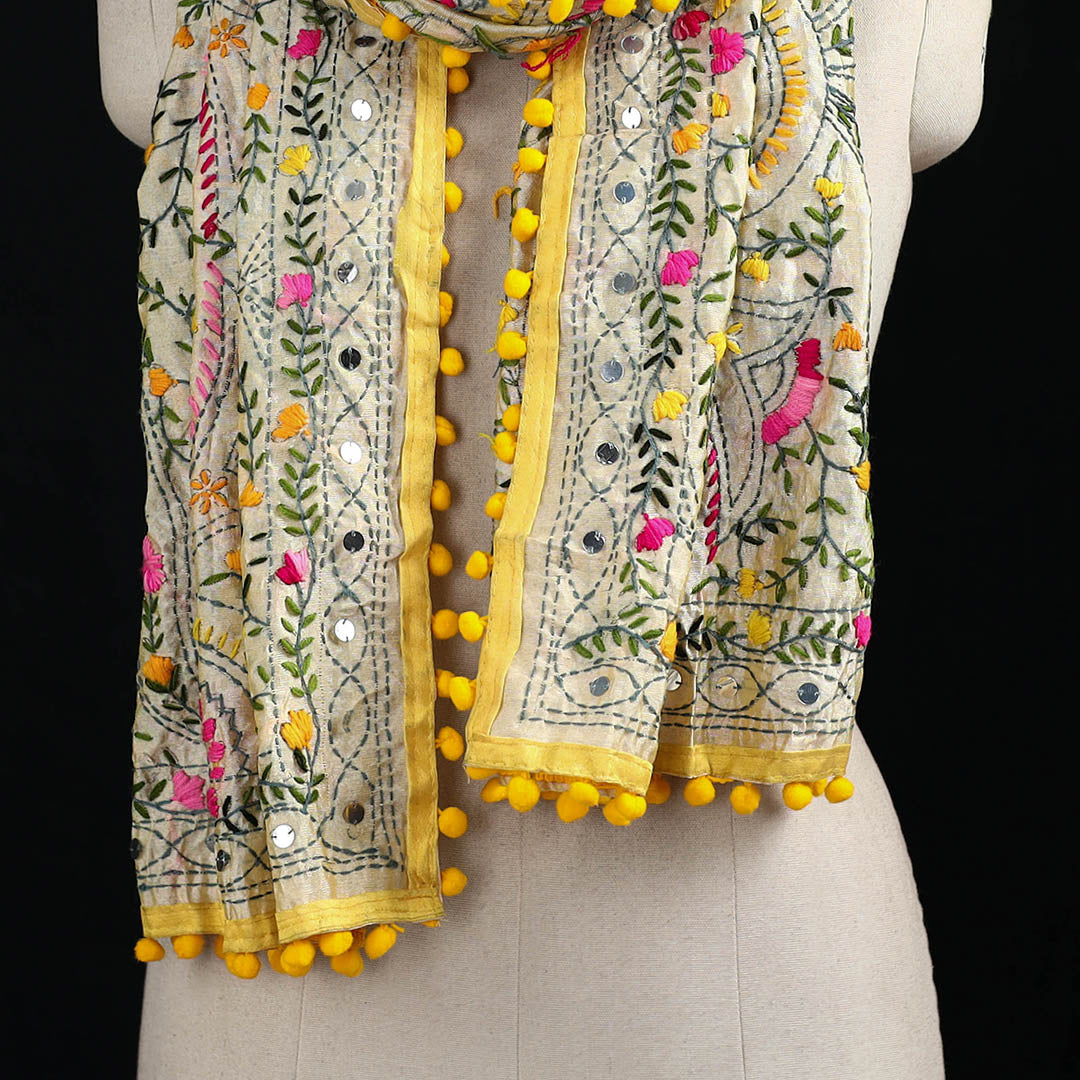 Ranihati Chanderi Silk Hand Embroidered Stole with Pom Pom 184