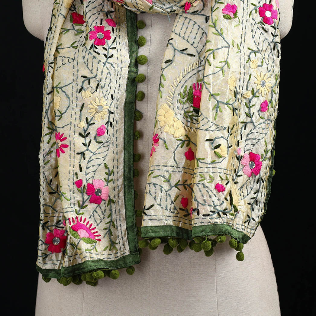 Ranihati Chanderi Silk Hand Embroidered Stole with Pom Pom 185