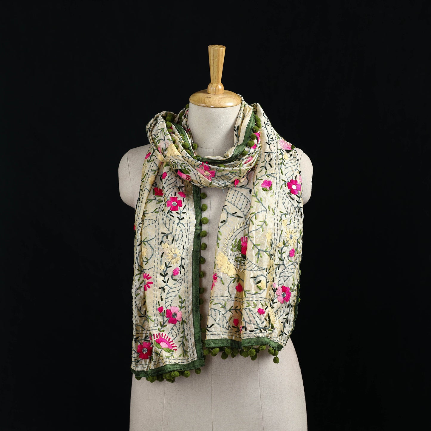 Ranihati Chanderi Silk Hand Embroidered Stole with Pom Pom 185