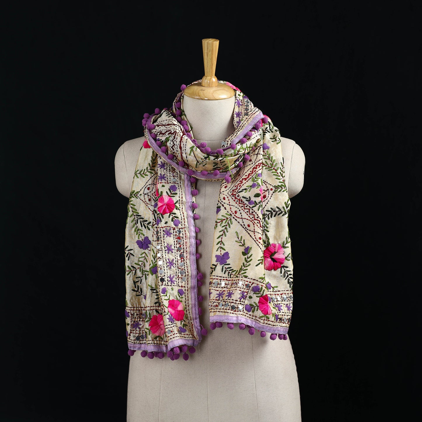 Ranihati Chanderi Silk Hand Embroidered Stole with Pom Pom 188