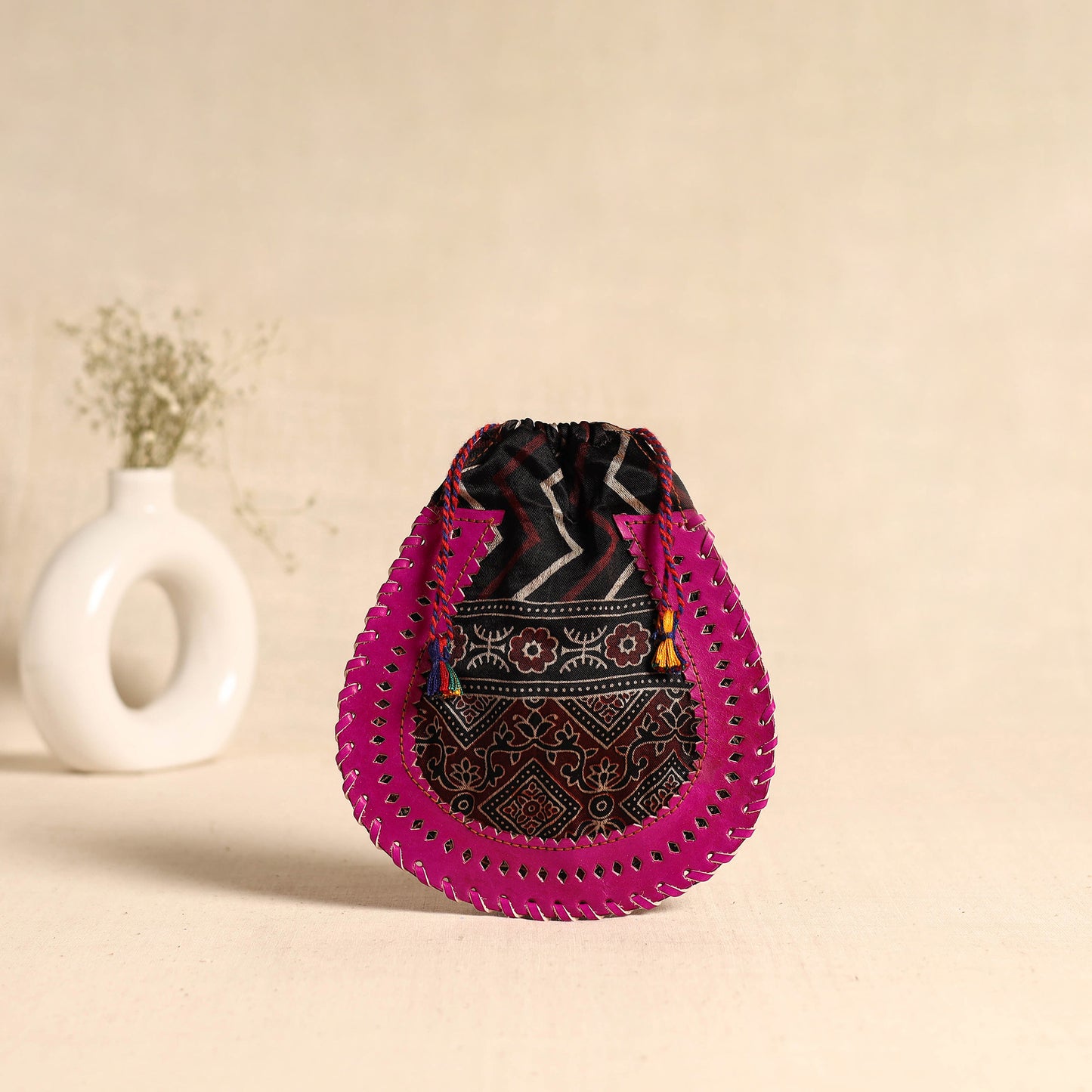 Traditional Kutch Mashru Silk Leather Drawstring Coin Potli 10