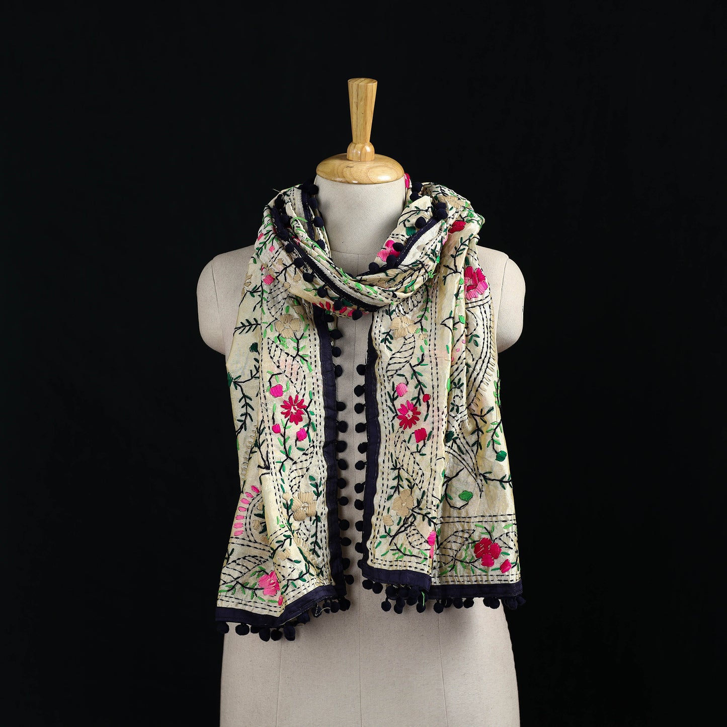 Ranihati Chanderi Silk Hand Embroidered Stole with Pom Pom 193